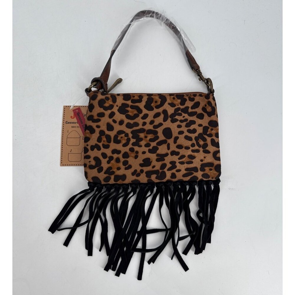 Justin Womens Convertible Bag Purse Leopard Print Fringe New Western